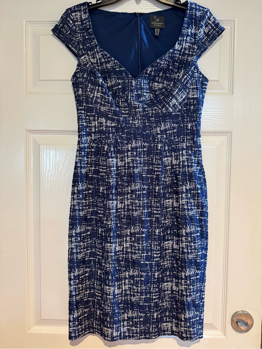 Adrianna Papell Navy and White Cap Sleeve Midi Dress Size 6